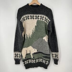 Vtg Mac and Jac Polar Bear Sweater 100% Wool Women S Green Gray Cream Crew Neck